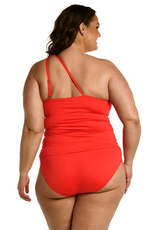Model is wearing a cherry colored keyhole tankini swimsuit top from our Best-Selling Island Goddess collection.