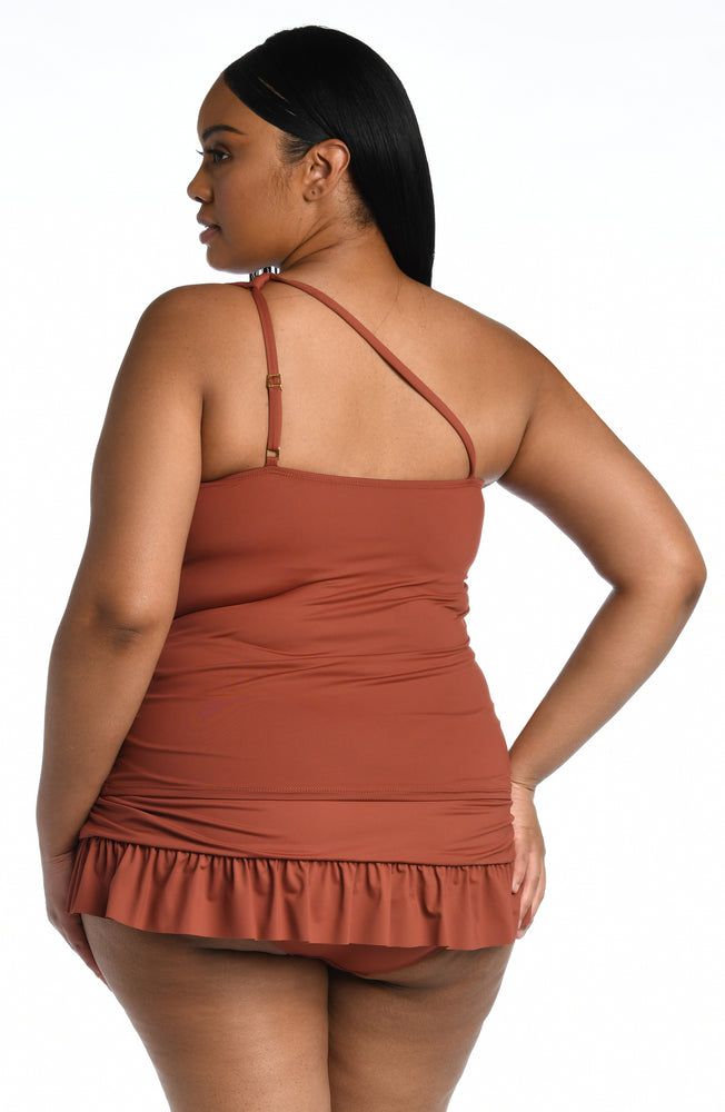 Model is wearing a cinnamon colored keyhole tankini swimsuit top from our Best-Selling Island Goddess collection.