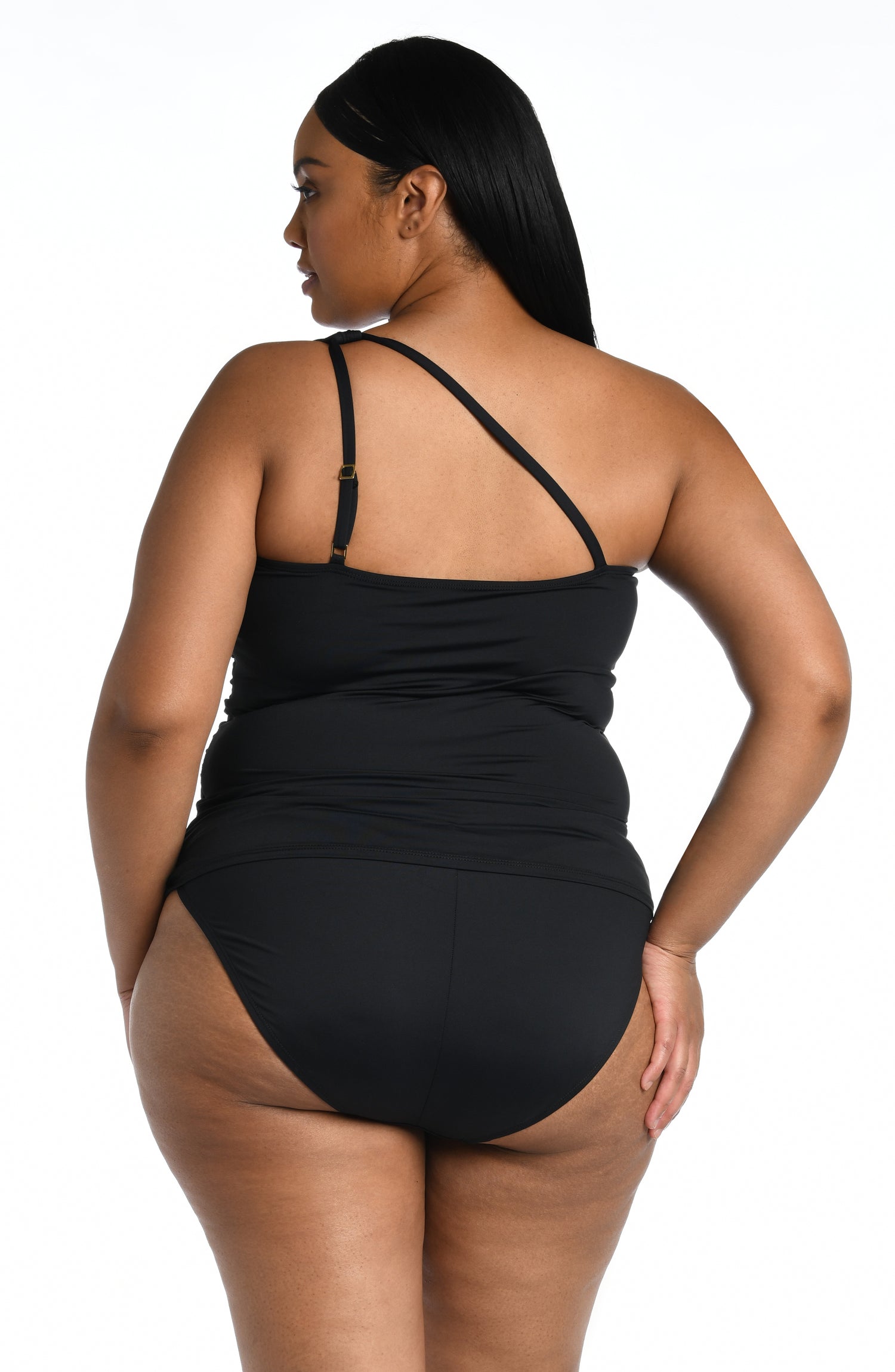Model is wearing a black tankini swimsuit top from our Best-Selling Island Goddess collection.