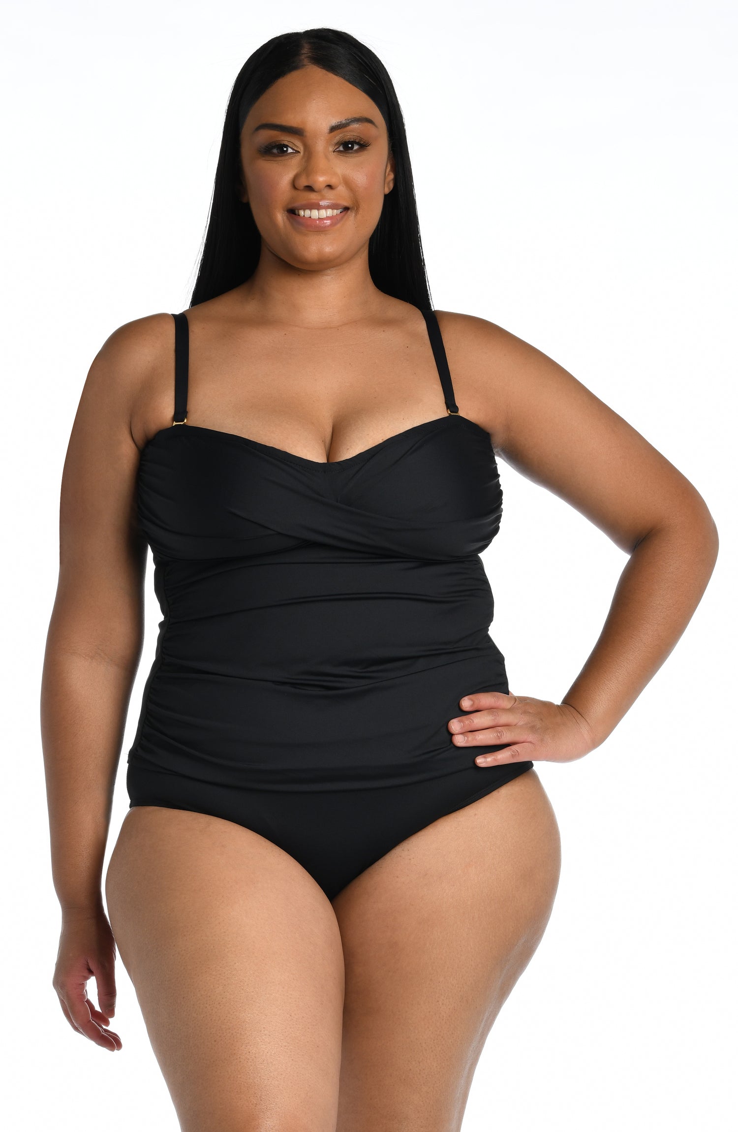 Model is wearing a black bandeau tankini swimsuit top from our Best-Selling Island Goddess collection.