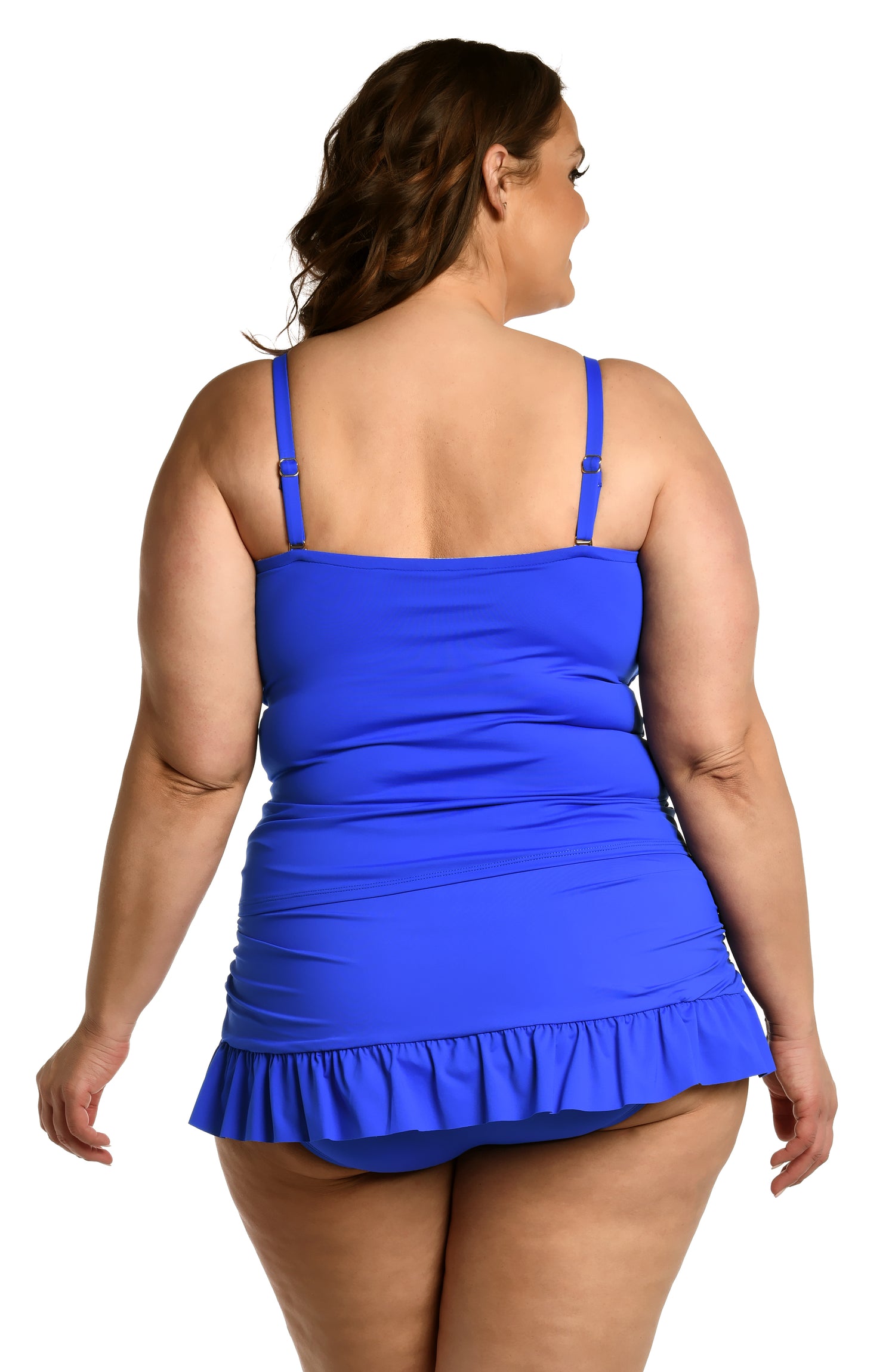 Model is wearing a sapphire colored bandeau tankini swimsuit top from our Best-Selling Island Goddess collection.