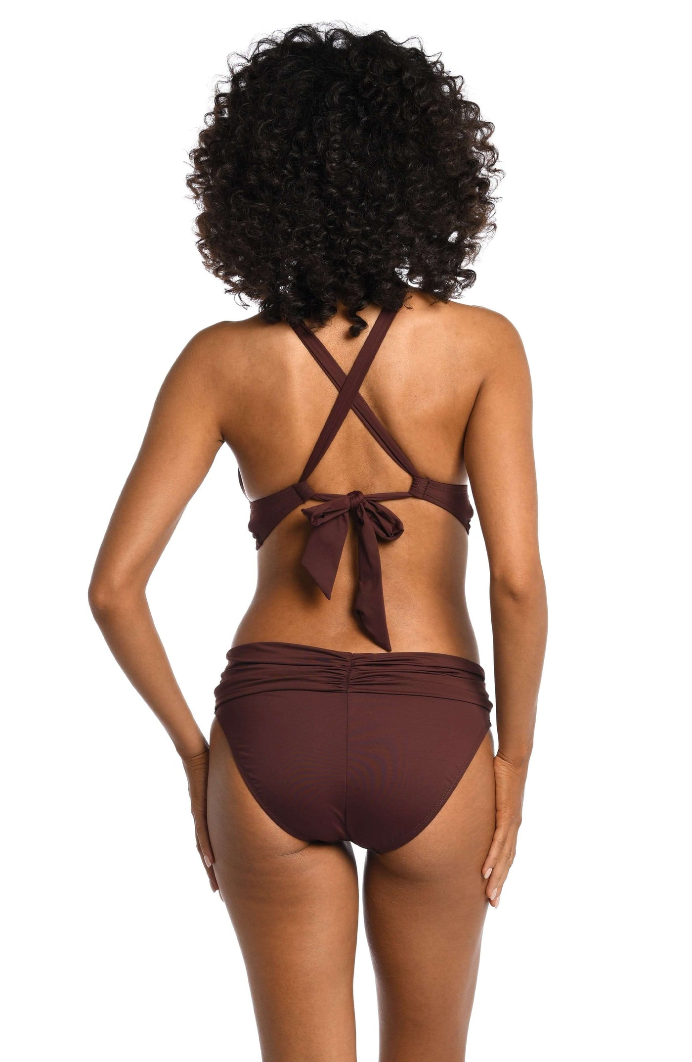 
                  
                    Model is wearing a java colored midkini swimsuit top from our Best-Selling Island Goddess collection.
                  
                