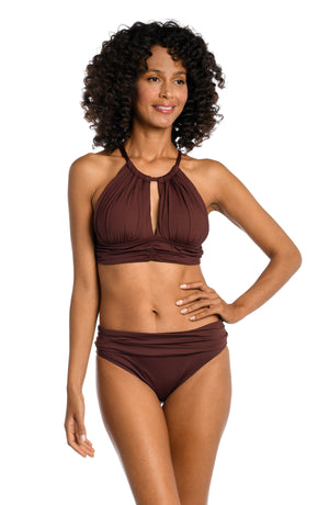 Model is wearing a java colored midkini swimsuit top from our Best-Selling Island Goddess collection.