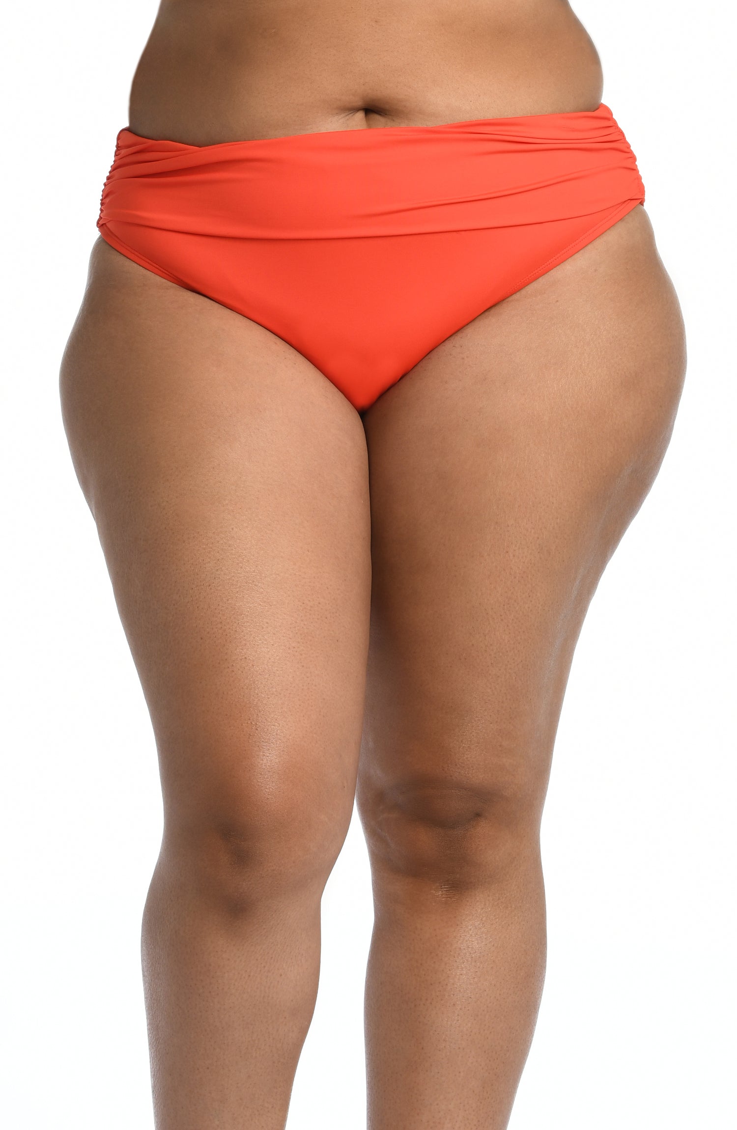 Model is wearing a paprika colored hipster swimsuit bottom from our Best-Selling Island Goddess collection.