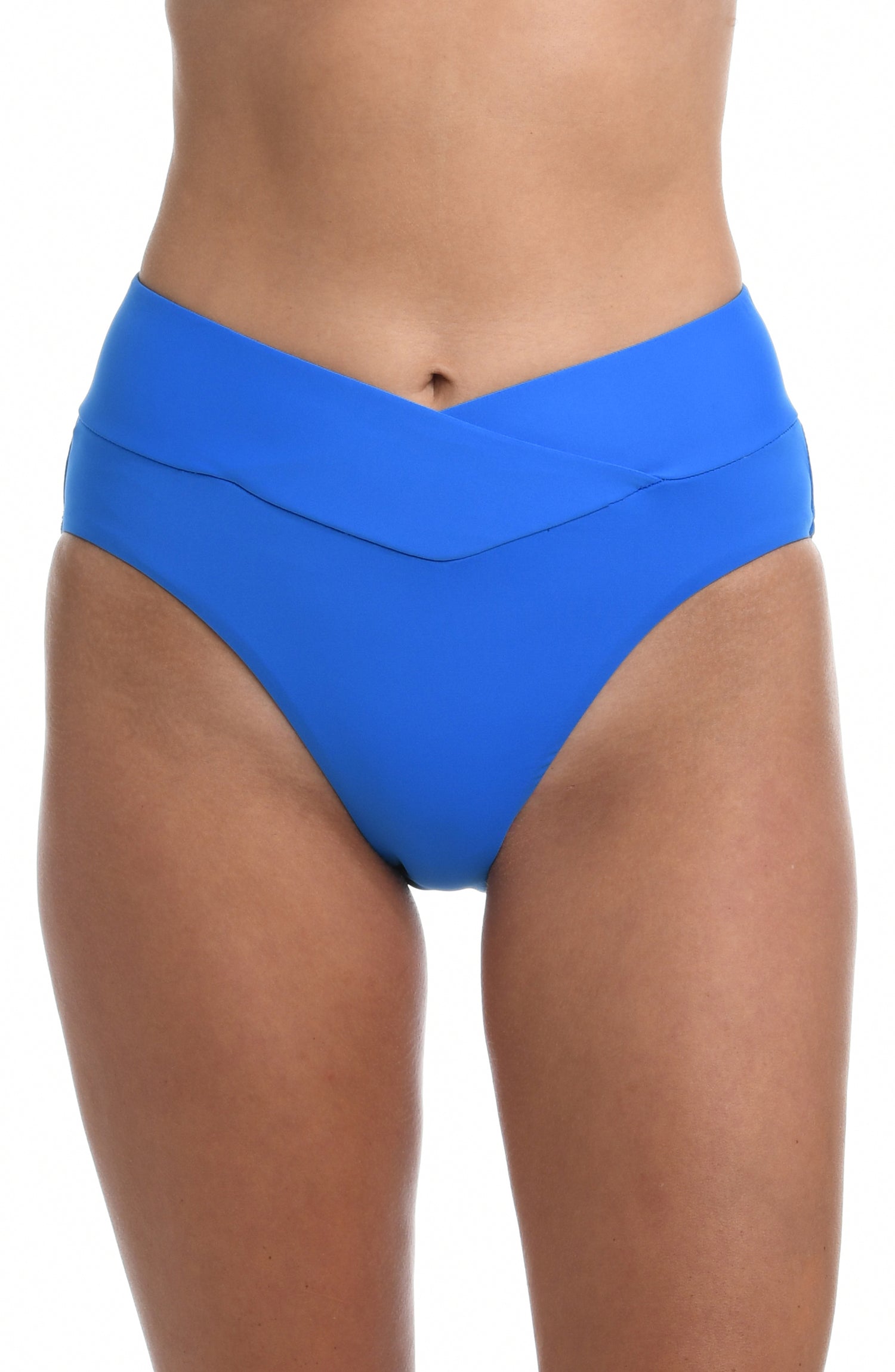 Model is wearing a capri blue colored high waist swimsuit bottom from our Best-Selling Island Goddess collection.