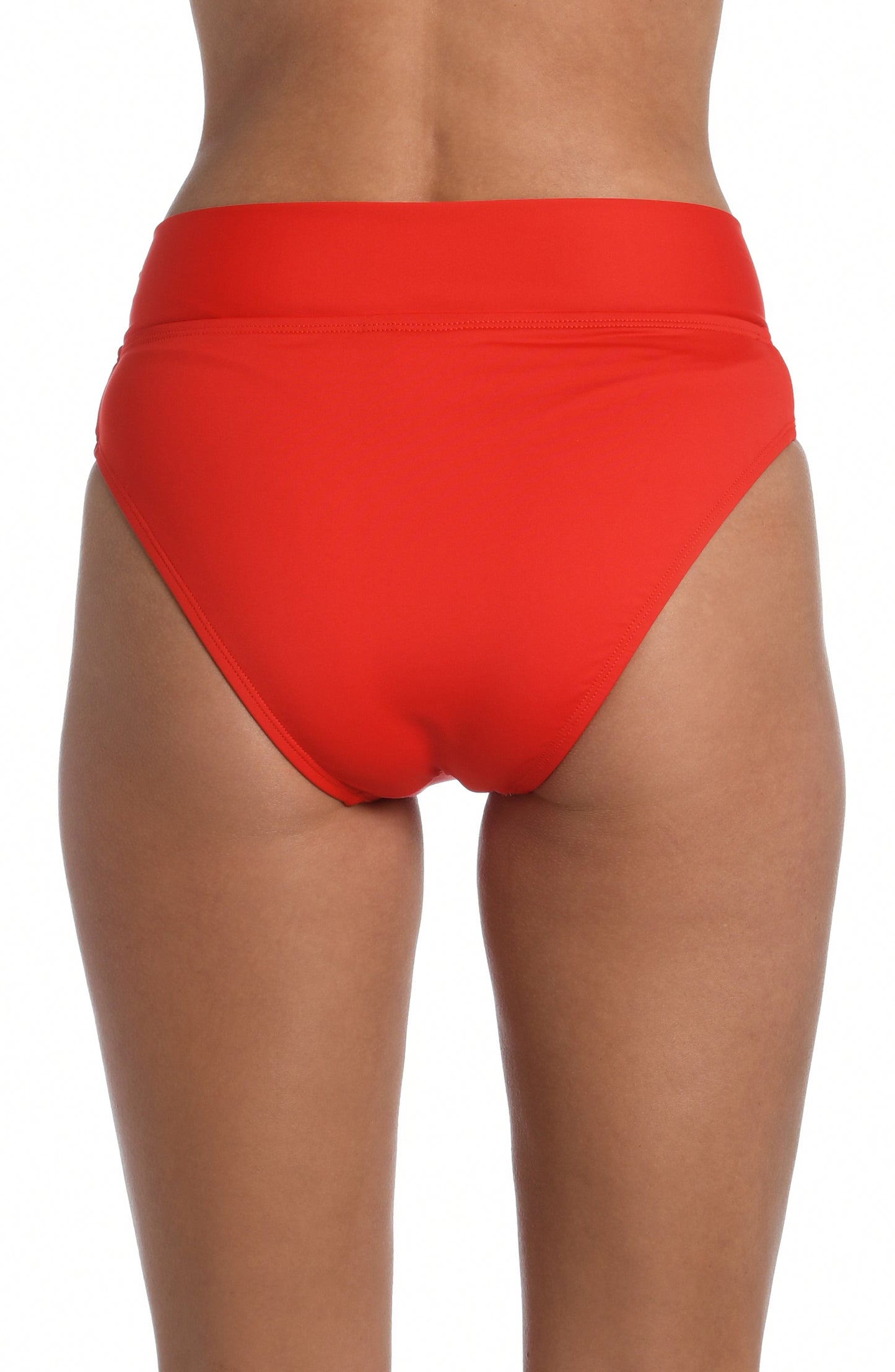 Model is wearing a cherry colored high waist swimsuit bottom from our Best-Selling Island Goddess collection.