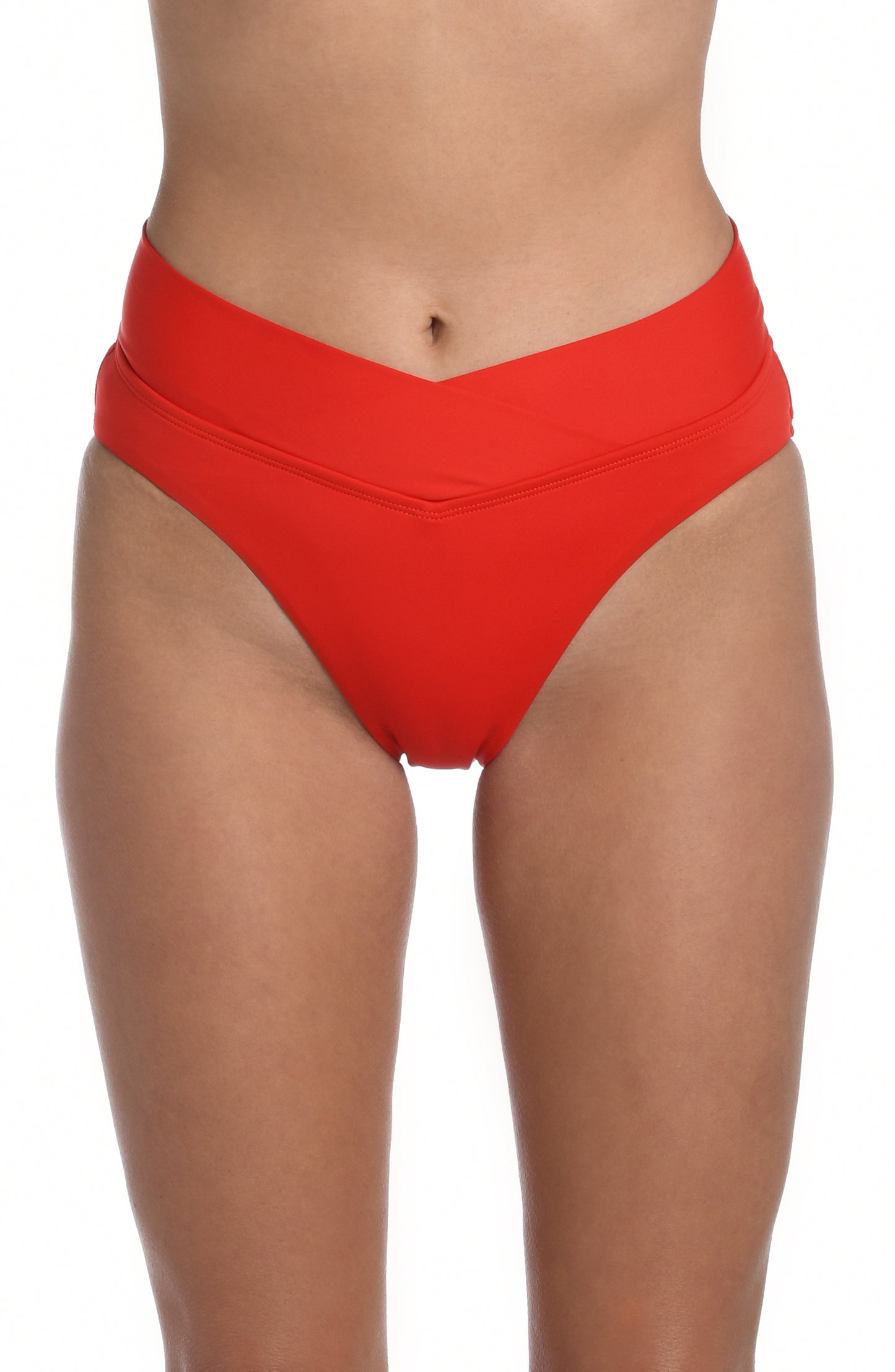 Model is wearing a cherry colored high waist swimsuit bottom from our Best-Selling Island Goddess collection.