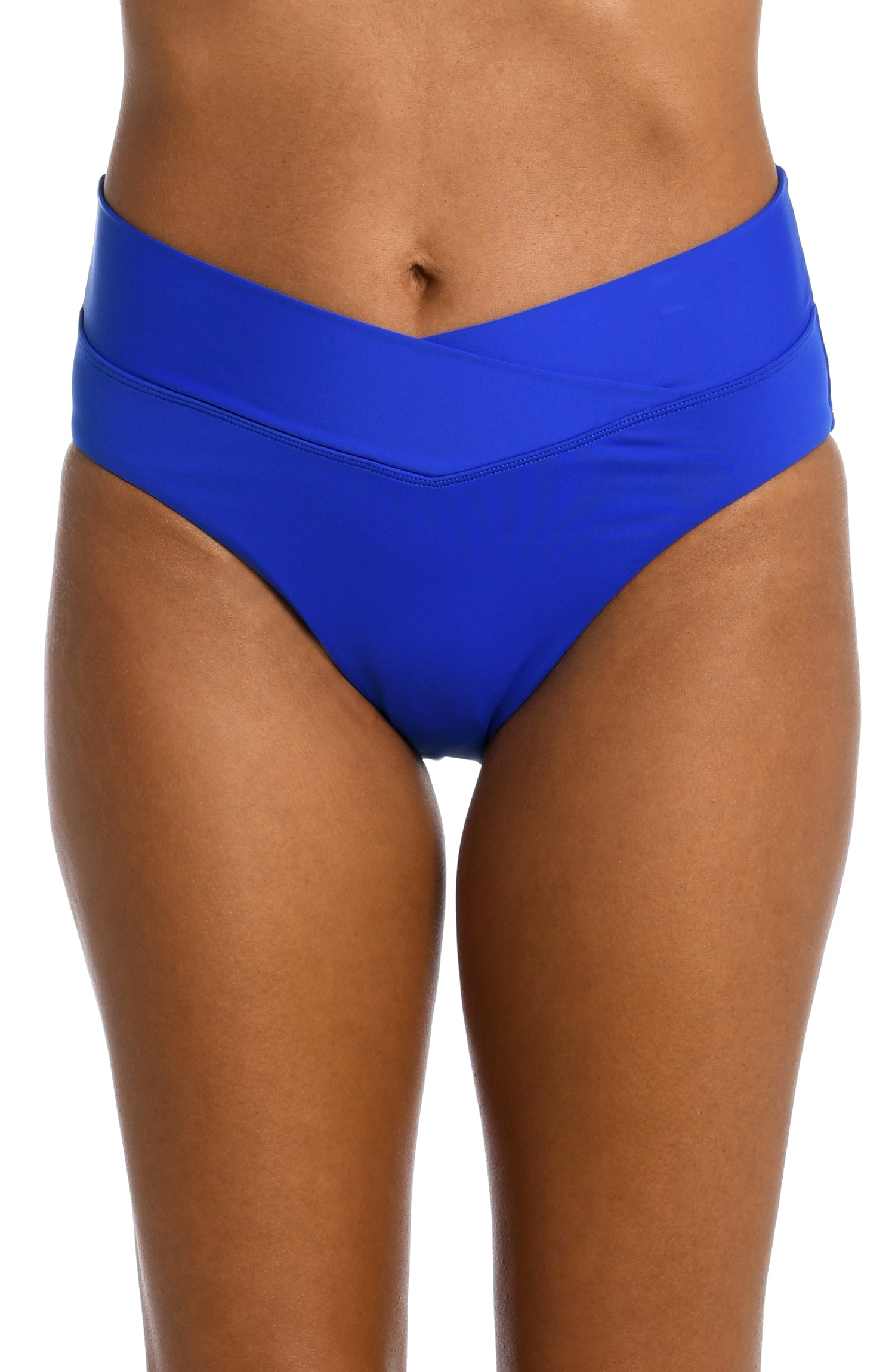 Model is wearing a sapphire colored high waist swimsuit bottom from our Best-Selling Island Goddess collection.