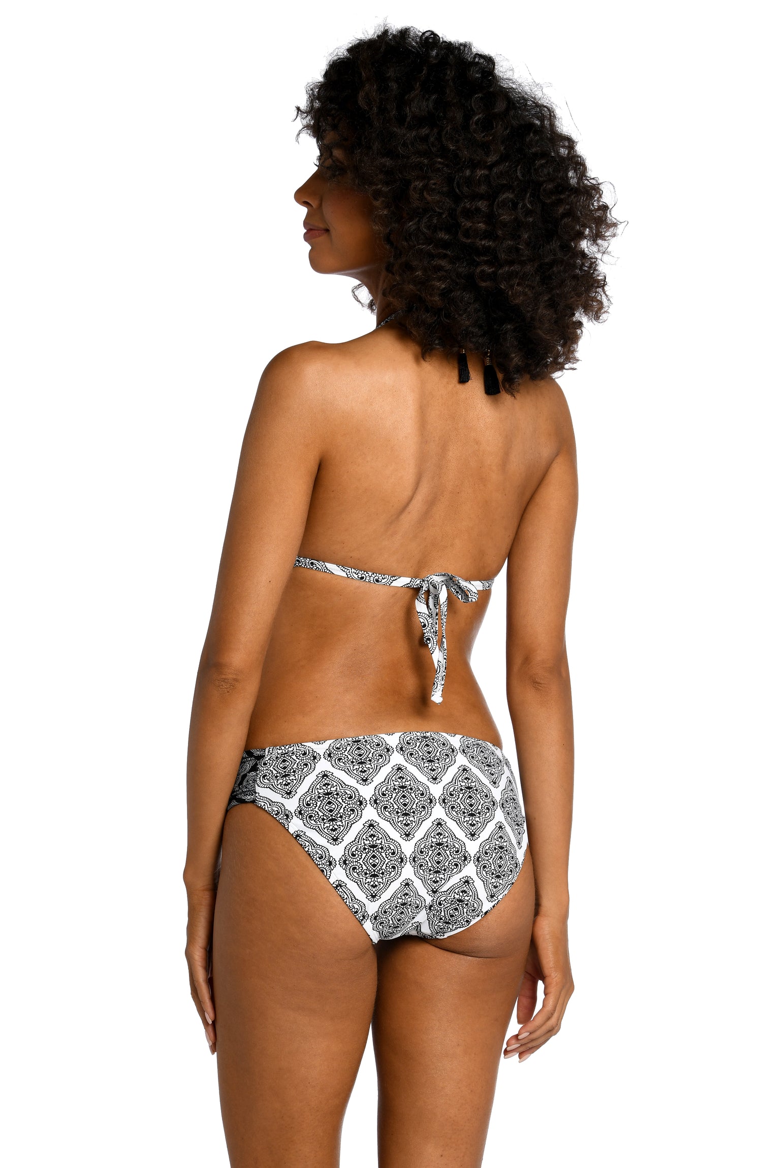 Model is wearing a black and white geometric printed halter triangle top from our Oasis Tile collection!
