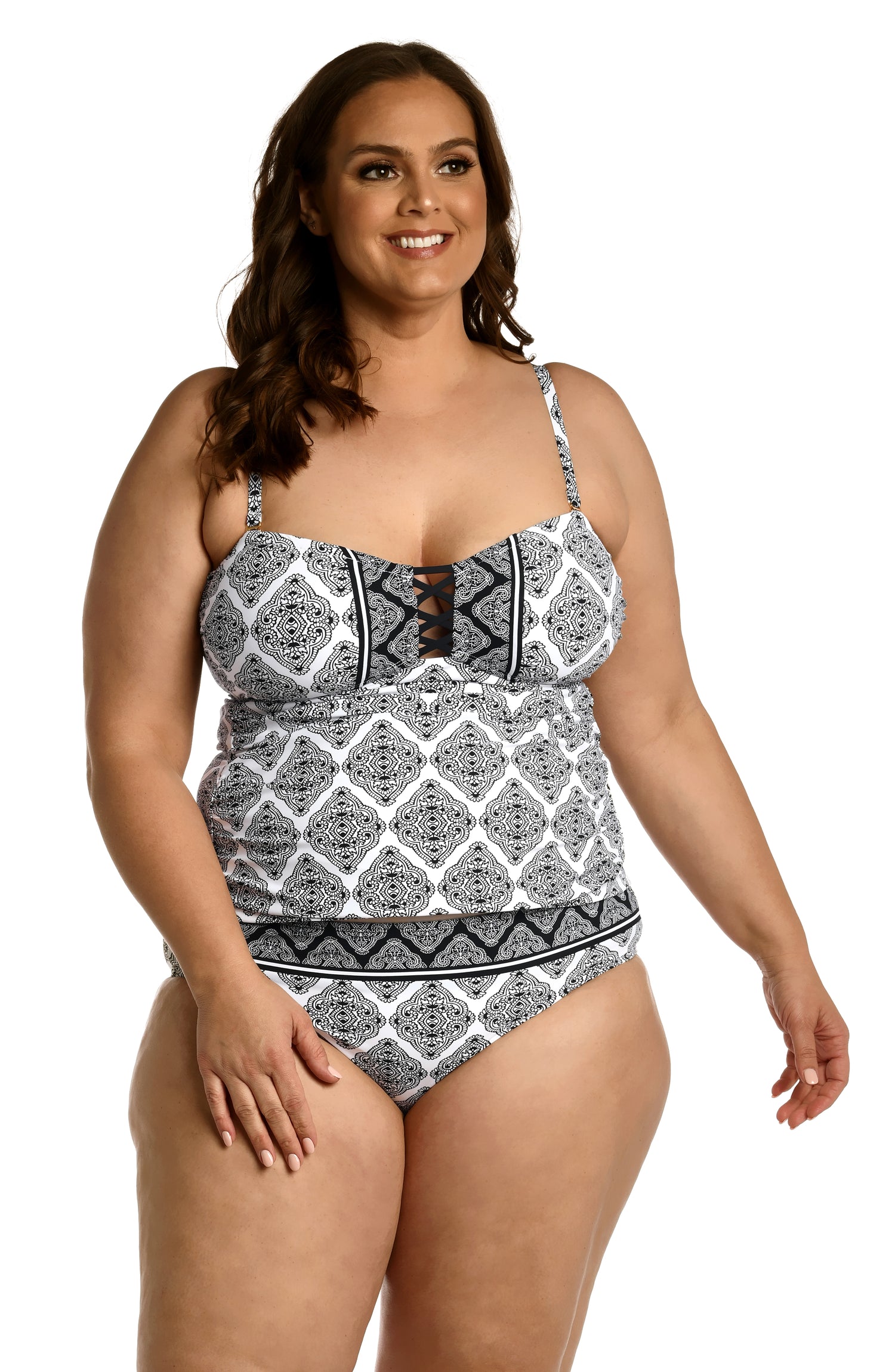 Model is wearing a black and white geometric printed bandeau tankini top from our Oasis Tile collection!