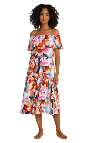 
            
                Load image into Gallery viewer, Model is wearing a multi colored floral printed off shoulder cover up dress from our Floral Rhythm collection!
            
        