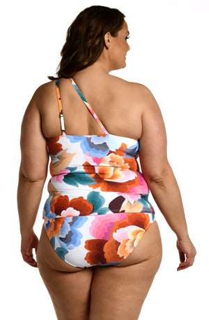 
            
                Load image into Gallery viewer, Model is wearing a multi colored floral printed keyhole tankini top from our Floral Rhythm collection!
            
        