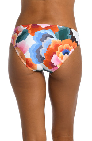 Model is wearing a multi colored floral printed banded hipster bottom from our Floral Rhythm collection!
