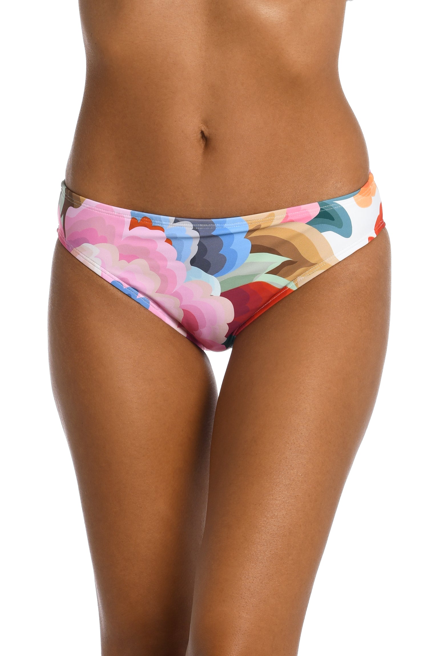 Model is wearing a multi colored floral printed banded hipster bottom from our Floral Rhythm collection!