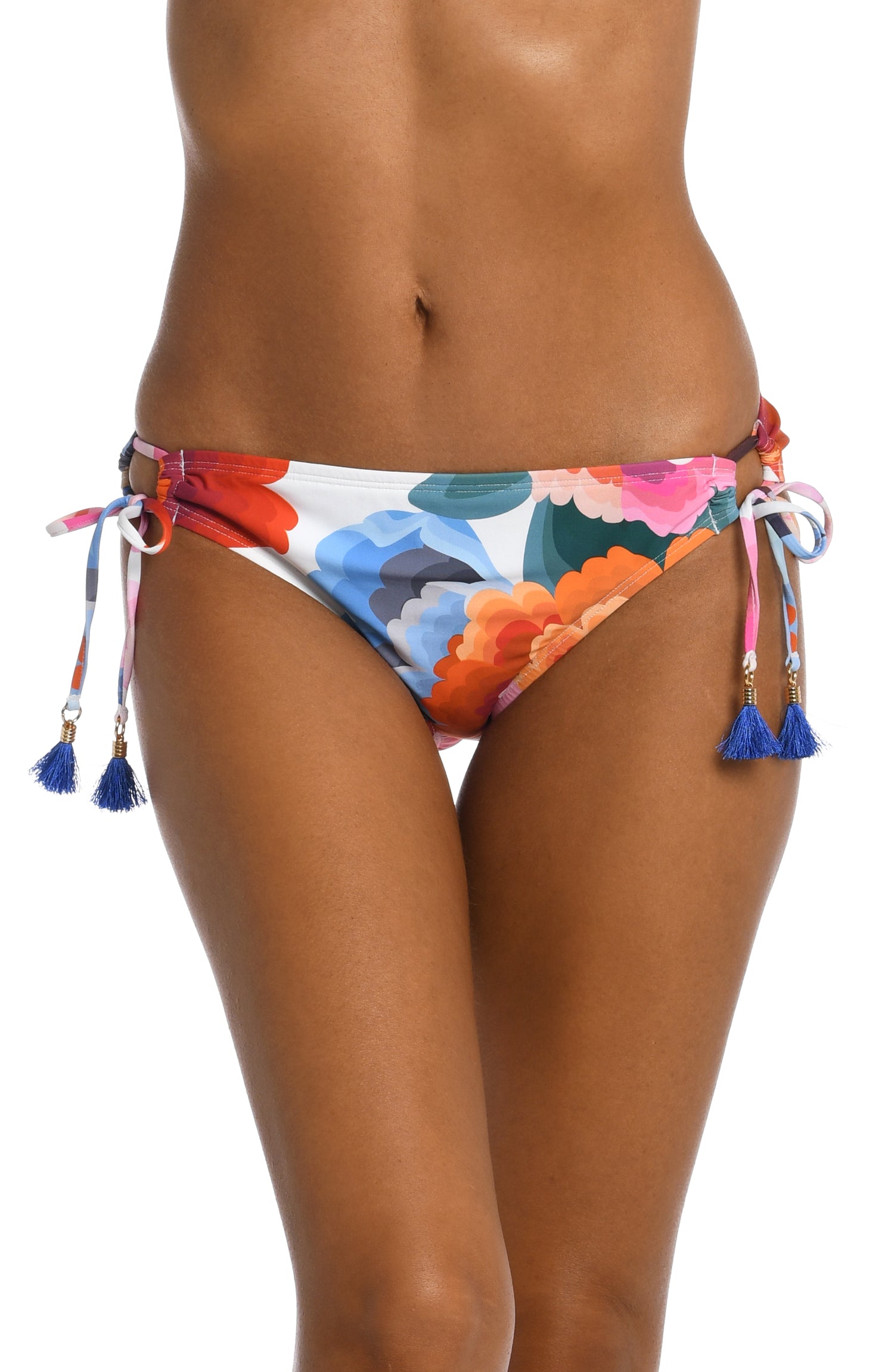 Model is wearing a multi colored floral printed side tie hipster bottom from our Floral Rhythm collection!