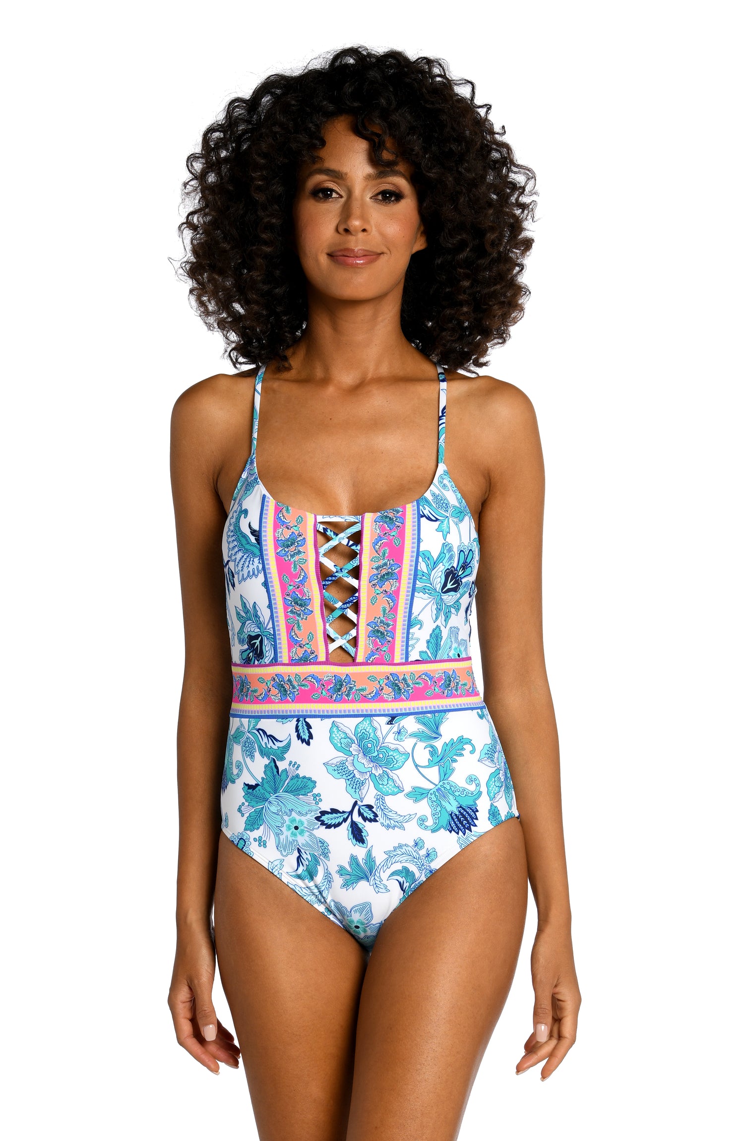 Model is wearing a light blue multi colored mediterranean printed strappy back one piece from our Santorini Sun collection!