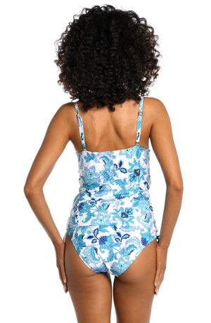 
            
                Load image into Gallery viewer, Model is wearing a light blue multi colored mediterranean printed lingerie strap tankini top from our Santorini Sun collection!
            
        