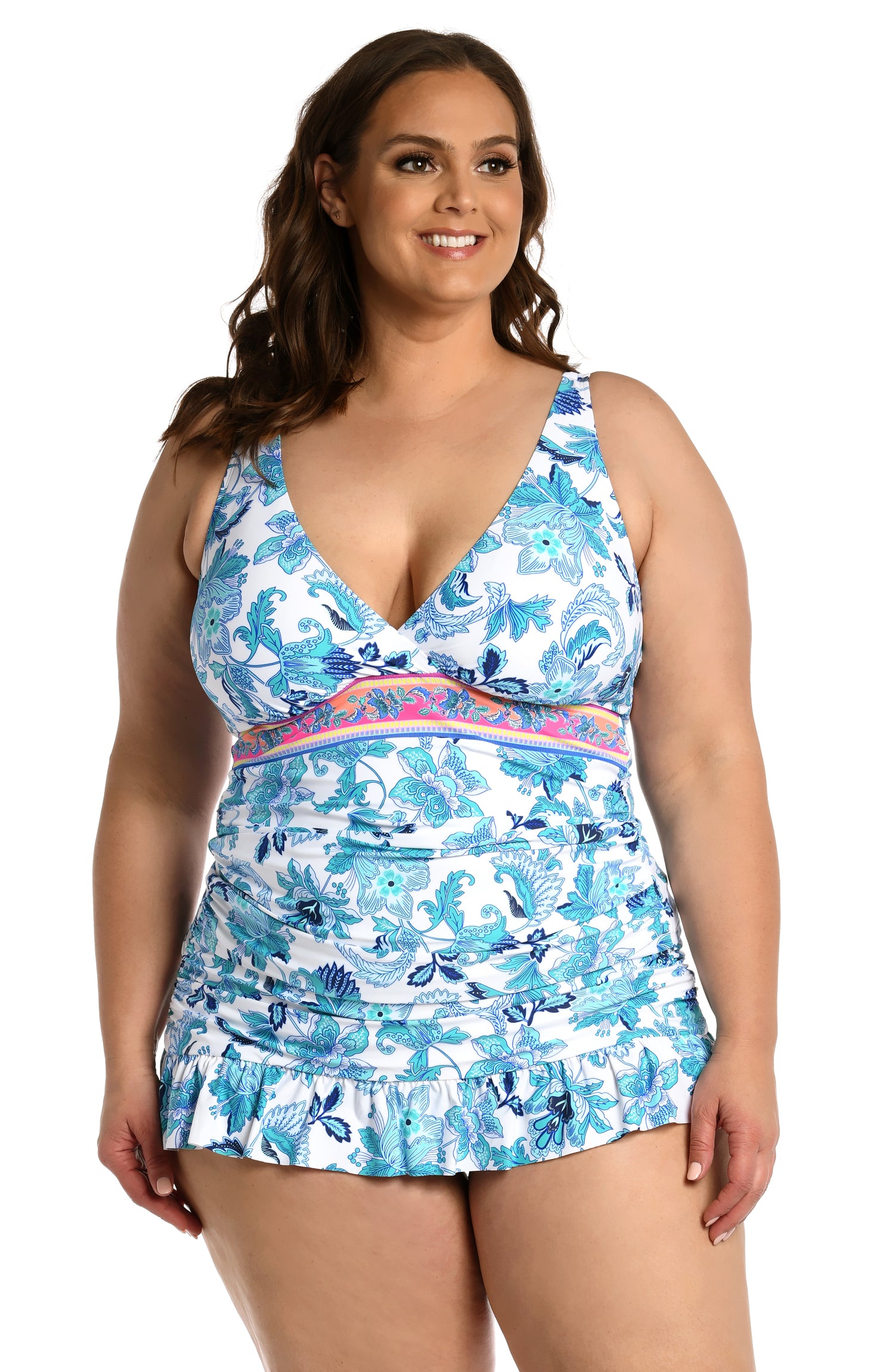 Model is wearing a light blue multi colored mediterranean printed halter tankini top from our Santorini Sun collection!