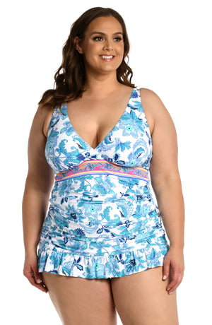 
            
                Load image into Gallery viewer, Model is wearing a light blue multi colored mediterranean printed halter tankini top from our Santorini Sun collection!
            
        