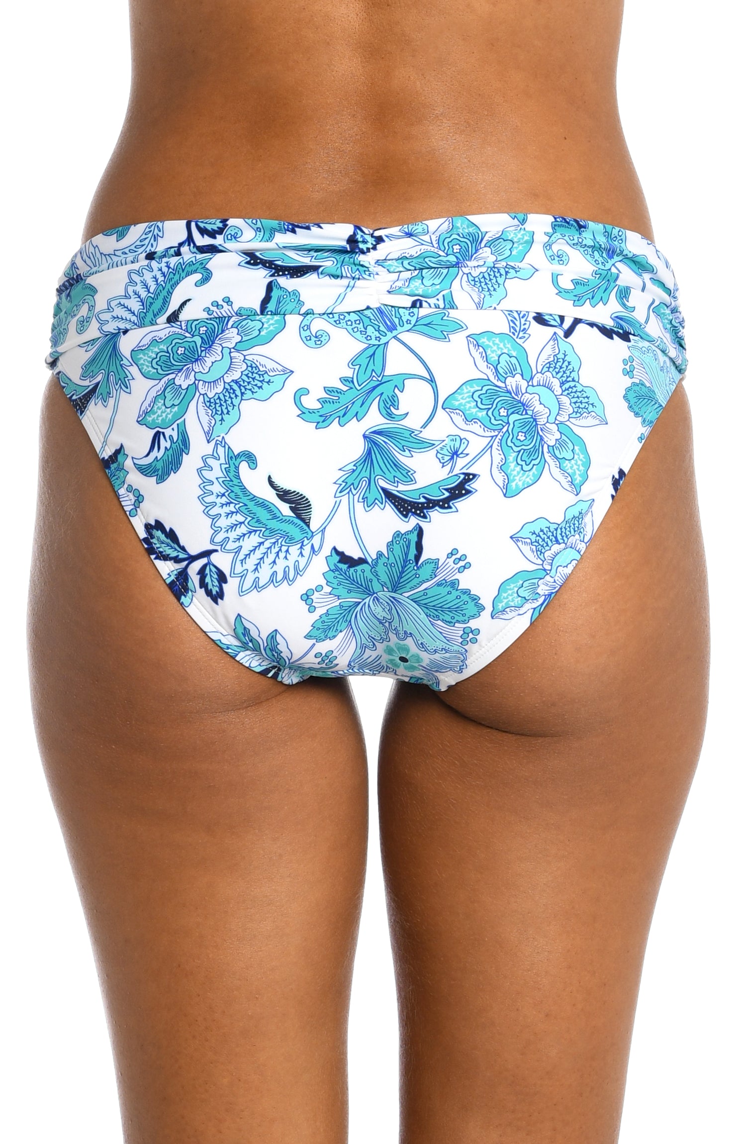 Model is wearing a light blue multi colored mediterranean printed shirred band hipster bottom from our Santorini Sun collection!
