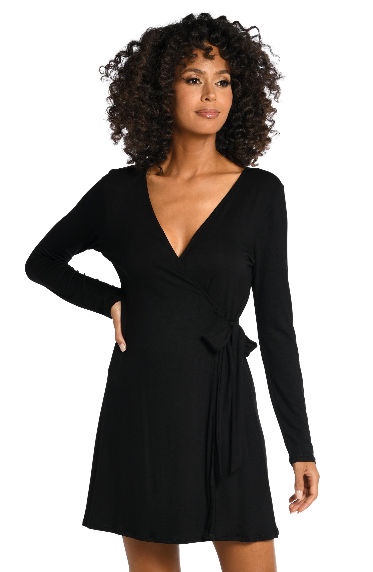 Model is wearing a black wrap dress swimsuit cover up from our Draped Darling collection.