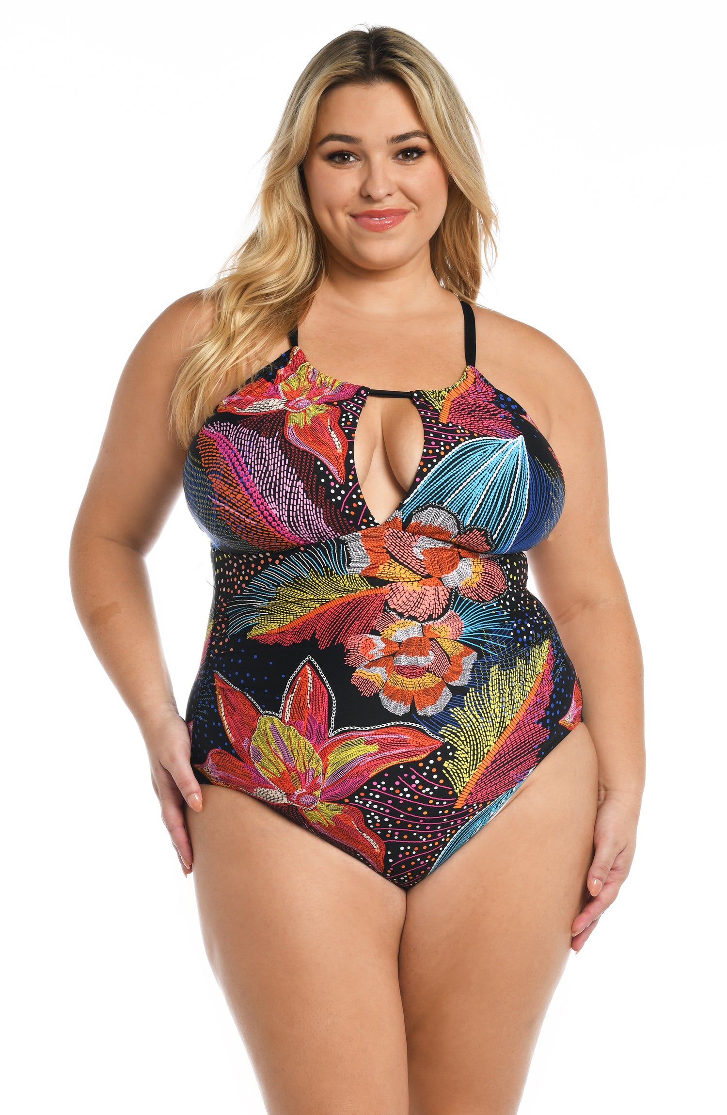 Model is wearing a shiny multicolored tropical printed high neck one piece from our Sunlit Soriee collection!