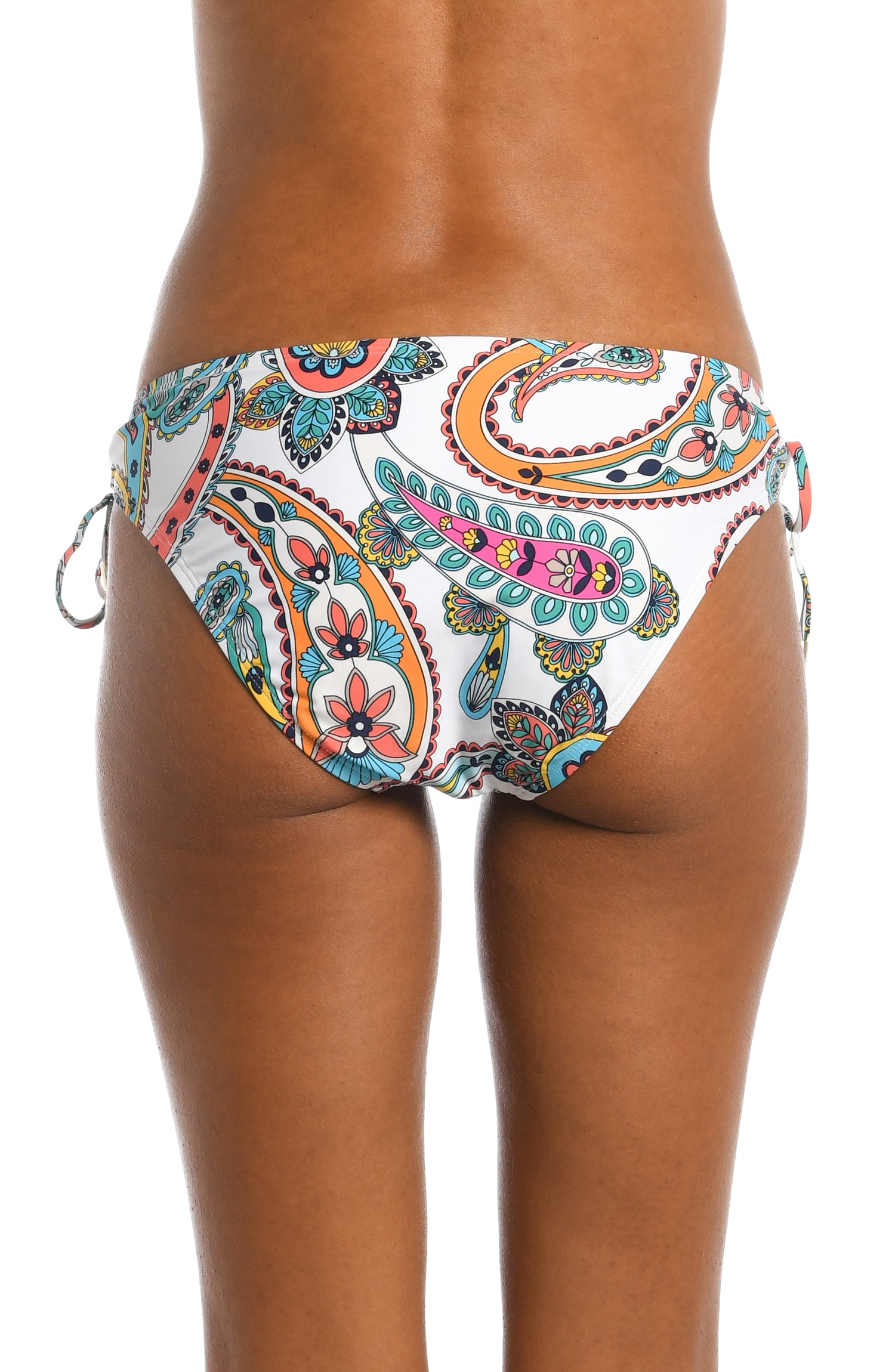 Model is wearing a multi colored paisley printed side tie hipster bottom from our Pave the Way collection!
