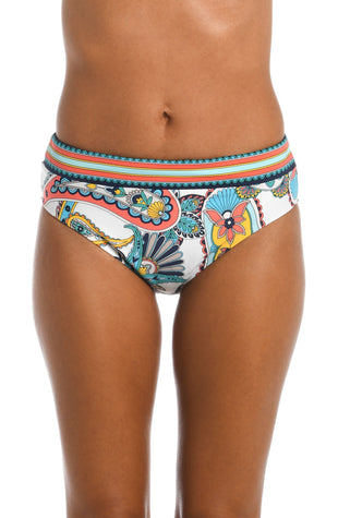 Model is wearing a multi colored paisley printed mid waist hipster bottom from our Pave the Way collection!