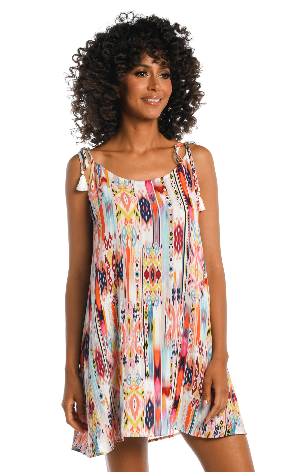 Model is wearing a multi colored tribal printed tank top dress cover up from our Desert Dream collection!