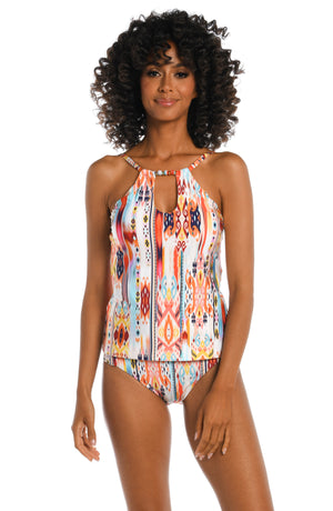 
            
                Load image into Gallery viewer, Model is wearing a multi colored tribal printed high neck tankini top from our Desert Dream collection!
            
        