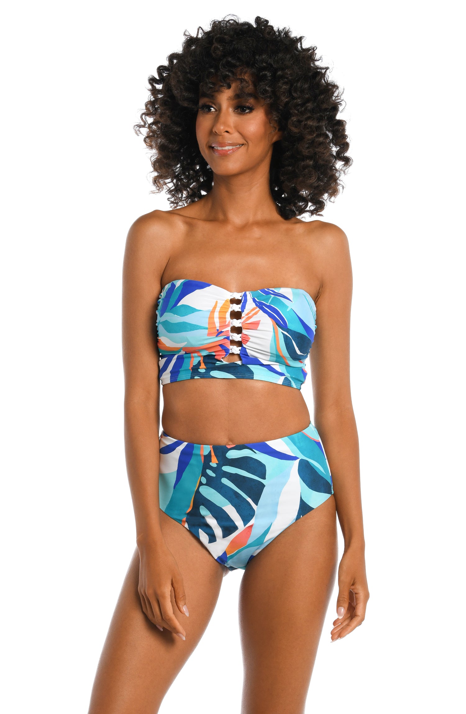 Model is wearing a blue multi colored tropical printed midkini top from our Coastal Palms collection!