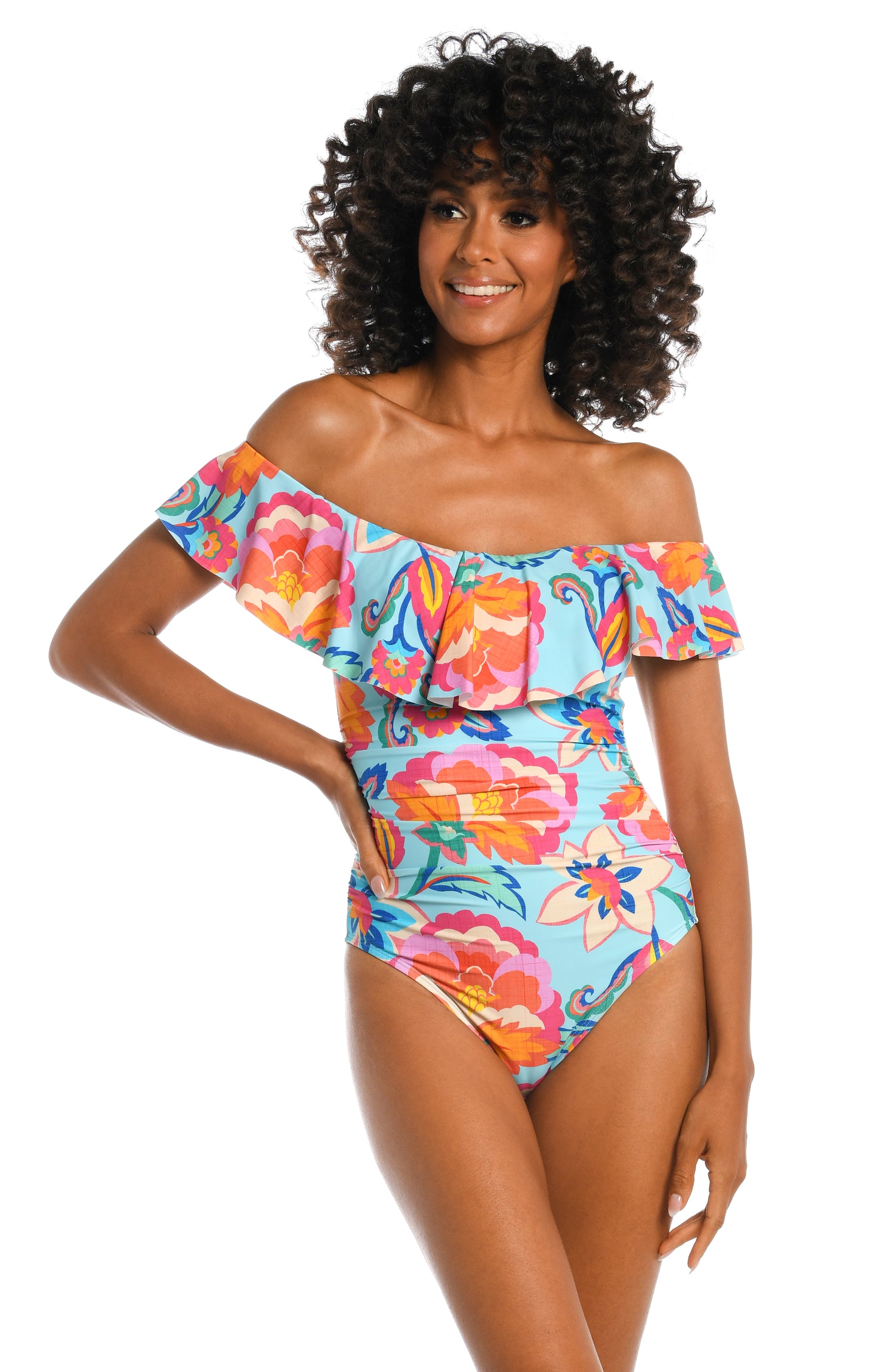 La Blanca Women's Ruffle Bandeau One Piece Swimsuit, Multi//Waves of Color,  6 at  Women's Clothing store