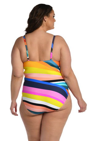 
            
                Load image into Gallery viewer, Model is wearing multi colored vibrant geometric printed lingerie one piece from our Sunscape collection!
            
        