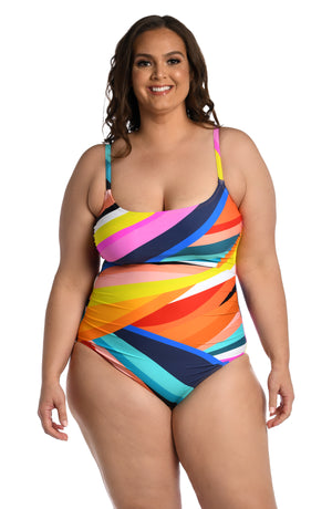
            
                Load image into Gallery viewer, Model is wearing multi colored vibrant geometric printed lingerie one piece from our Sunscape collection!
            
        