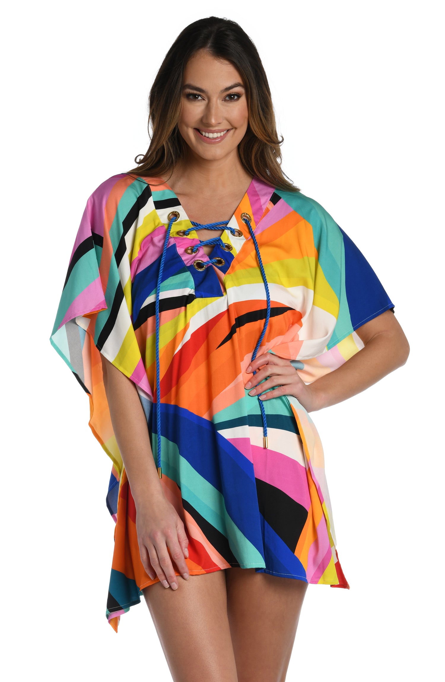 Model is wearing multi colored vibrant geometric printed lace front caftan dress cover up from our Sunscape collection!