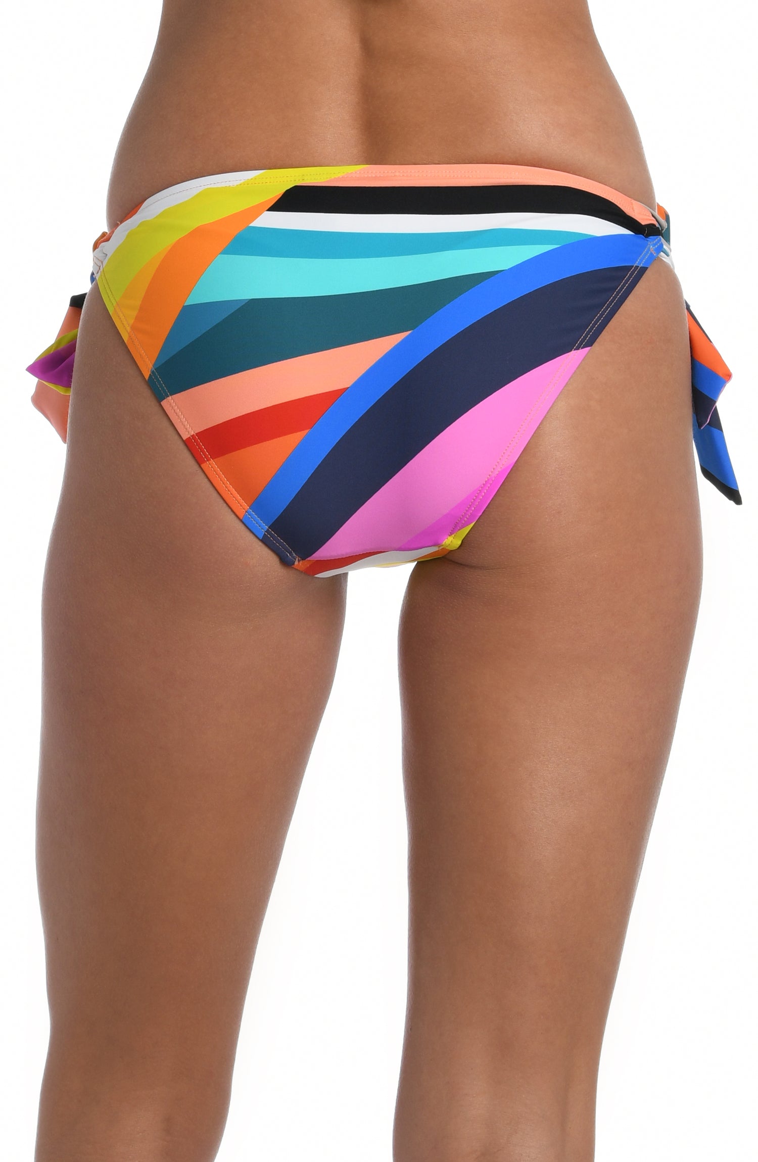 Model is wearing multi colored vibrant geometric printed side tie hipster bottom from our Sunscape collection!