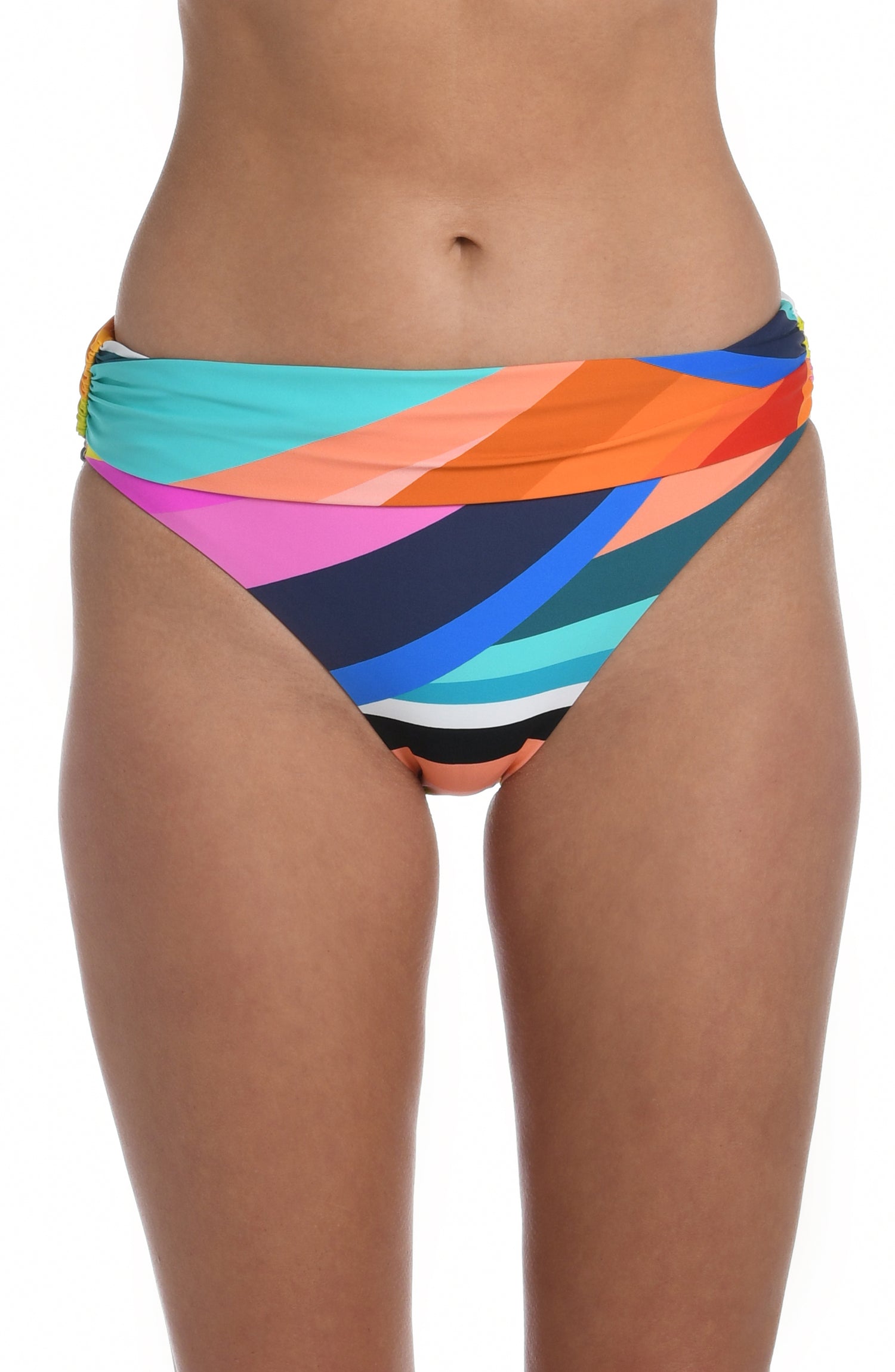 Model is wearing a striped bright multicolored shirred band hipster bikini bottom from our Sunscape collection.