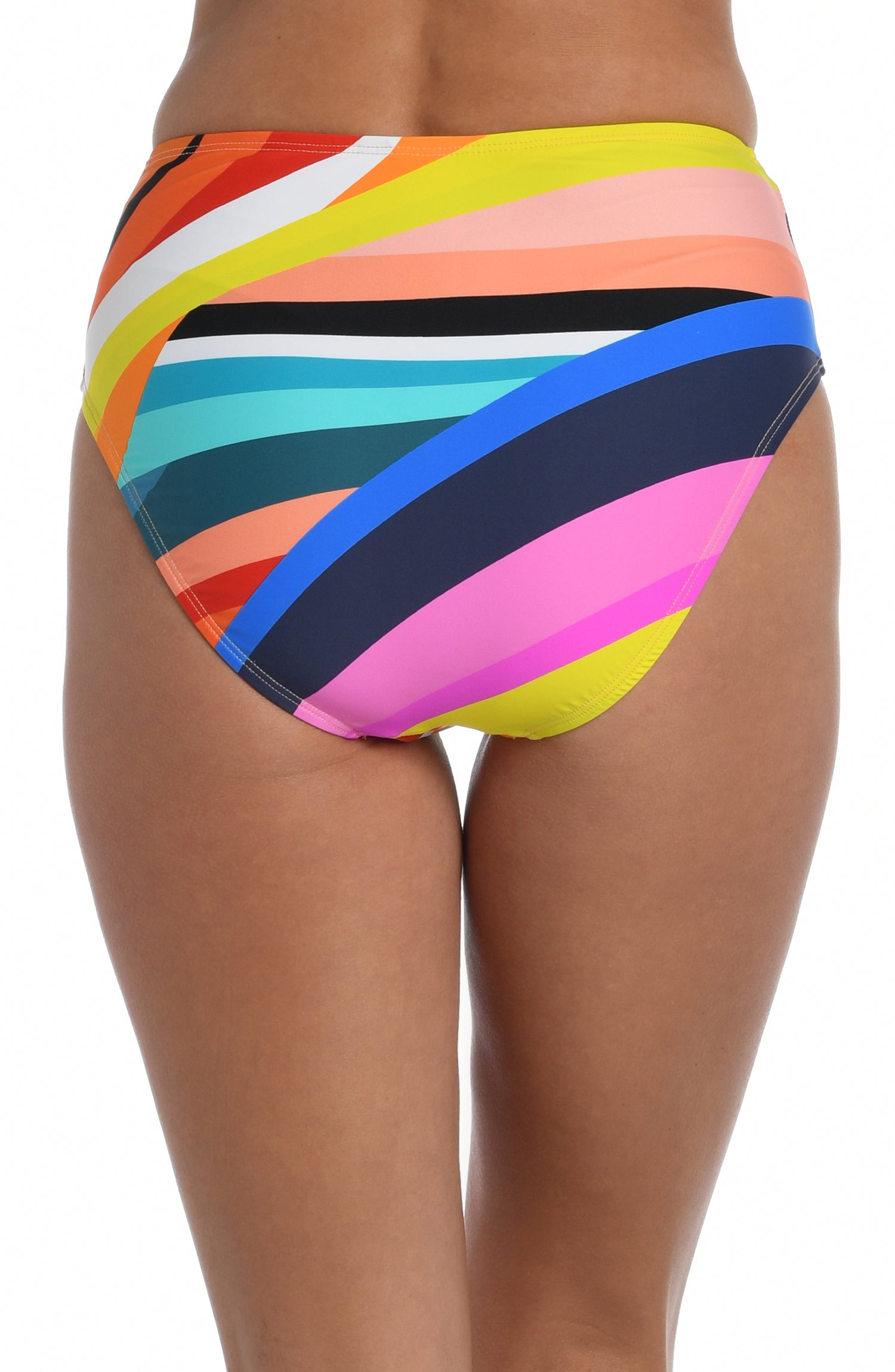 Model is wearing multi colored vibrant geometric printed v-front high waist bottom from our Sunscape collection!