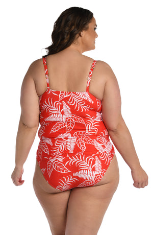 Model is wearing cherry red tropical printed over the shoulder tankini top from our Tropical Tapestry collection!