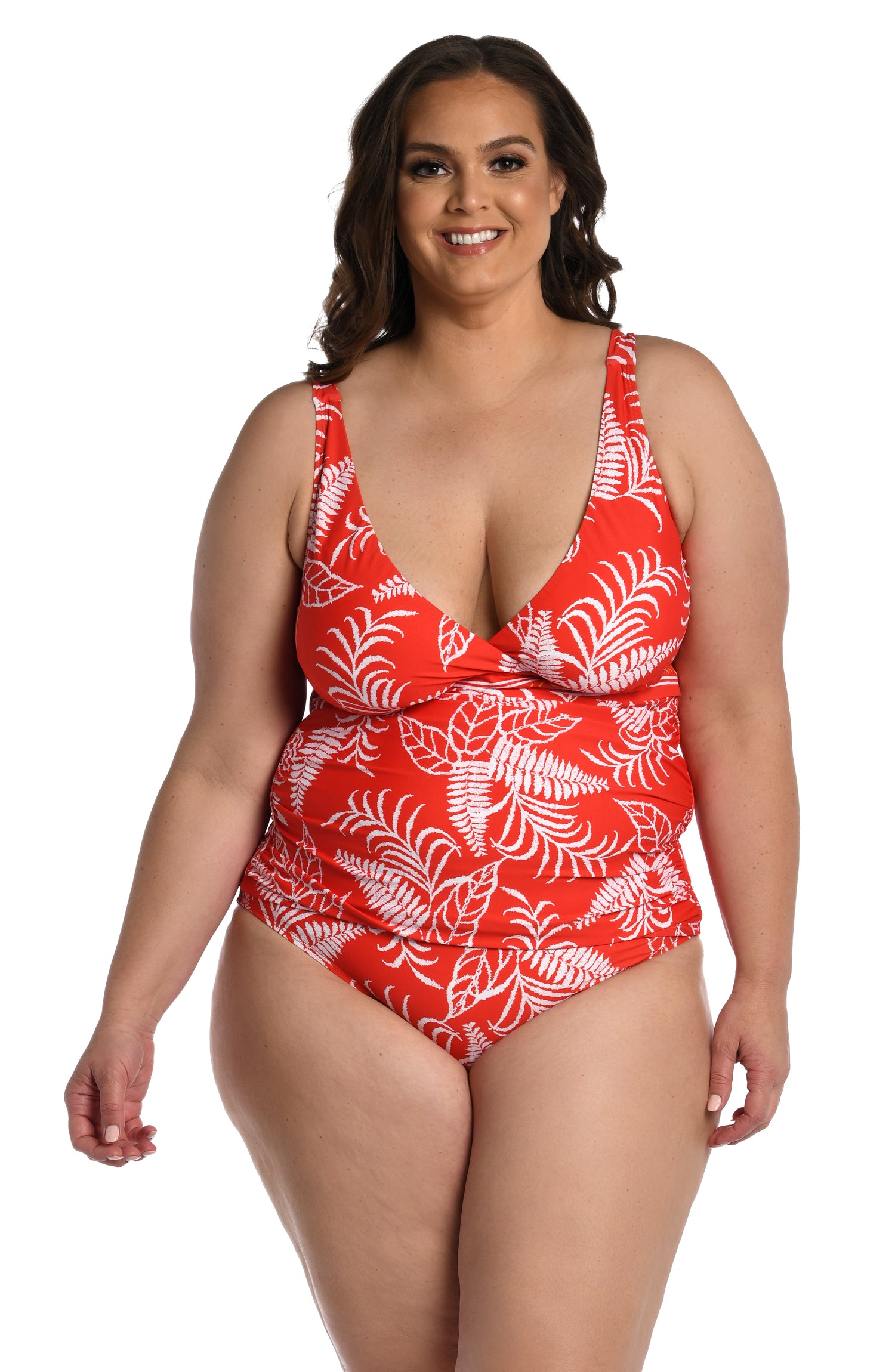 Model is wearing cherry red tropical printed over the shoulder tankini top from our Tropical Tapestry collection!
