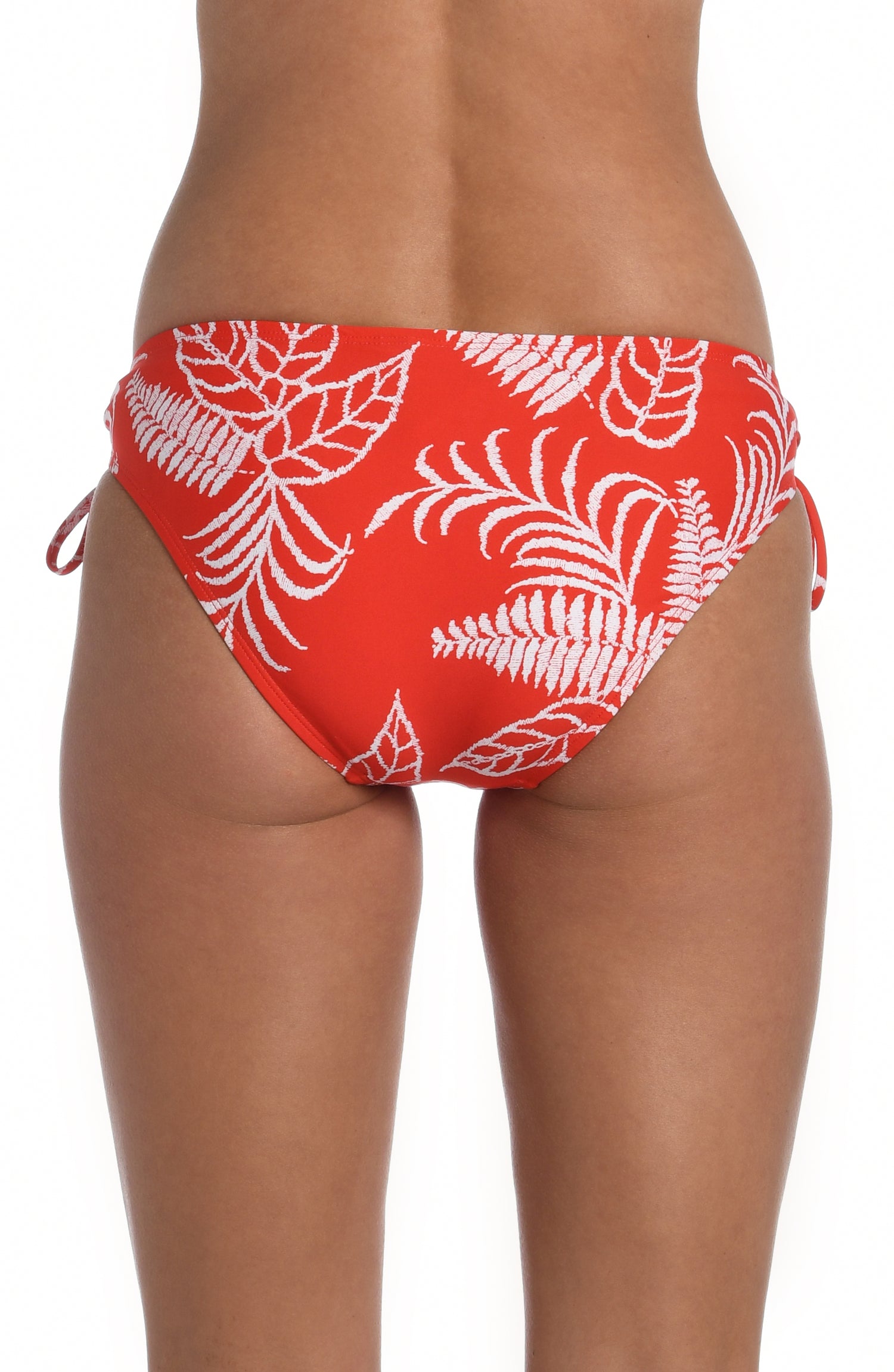 Model is wearing cherry red tropical printed side tie hipster bottom from our Tropical Tapestry collection!