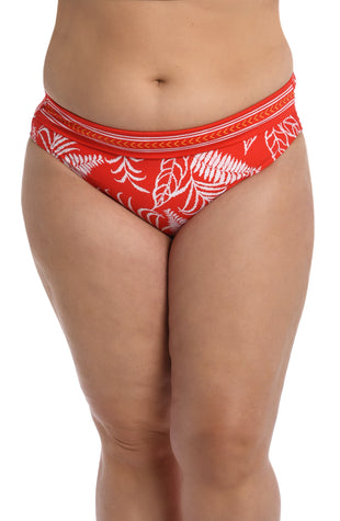 Model is wearing cherry red tropical printed side shirred hipster bottom from our Tropical Tapestry collection!