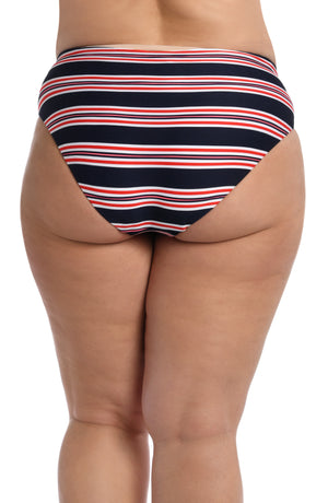
            
                Load image into Gallery viewer, Model is wearing a red, white, and blue striped patterned hipster bottom from our Sailor Stripe collection!
            
        