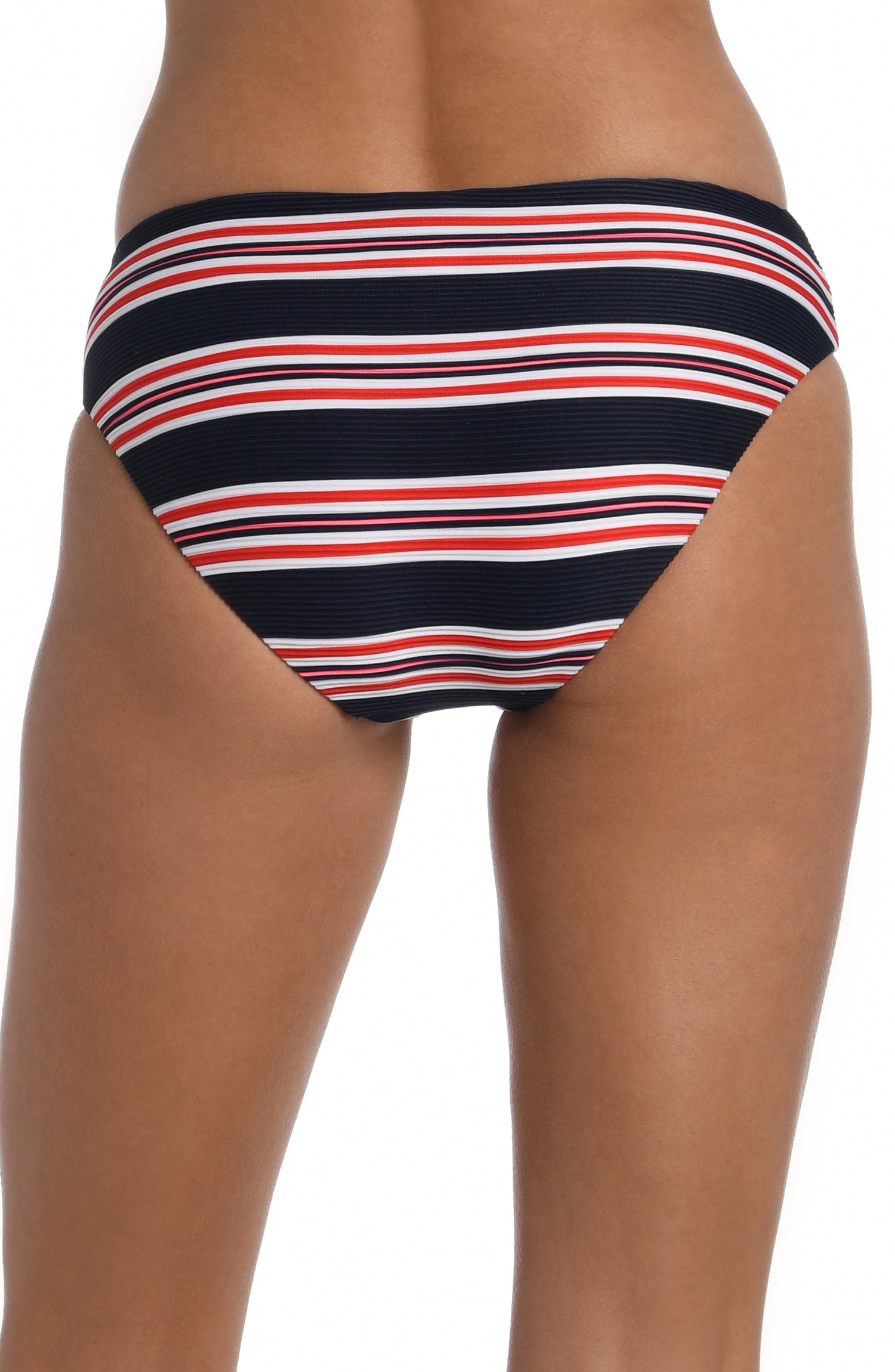 Model is wearing a red, white, and blue striped patterned hipster bottom from our Sailor Stripe collection!