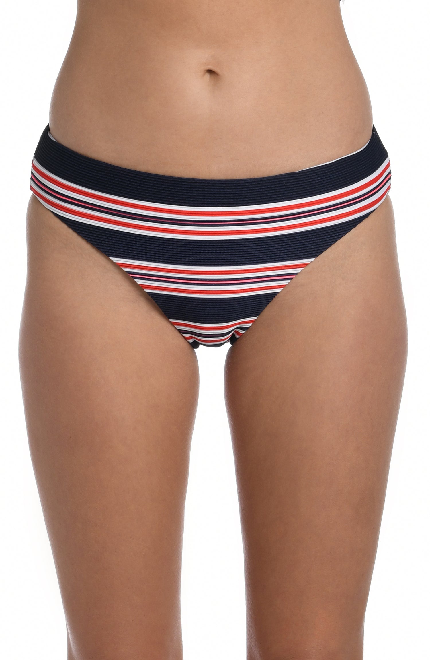 Model is wearing a red, white, and blue striped patterned hipster bottom from our Sailor Stripe collection!