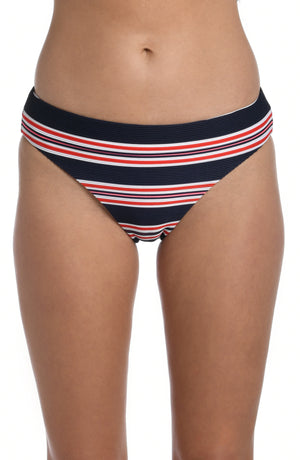 
            
                Load image into Gallery viewer, Model is wearing a red, white, and blue striped patterned hipster bottom from our Sailor Stripe collection!
            
        