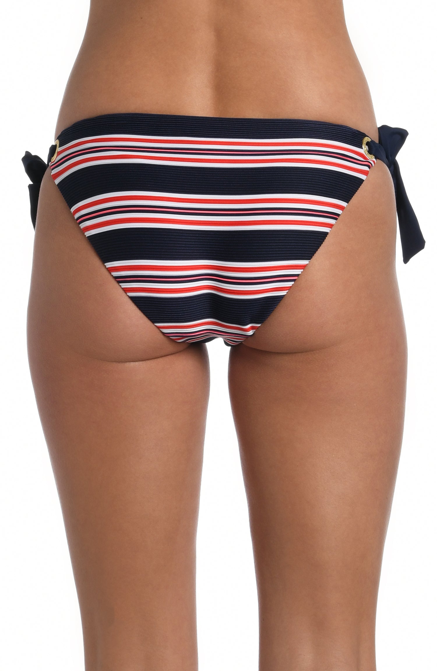 Model is wearing a red, white, and blue striped patterned side tie hipster bottom from our Sailor Stripe collection!