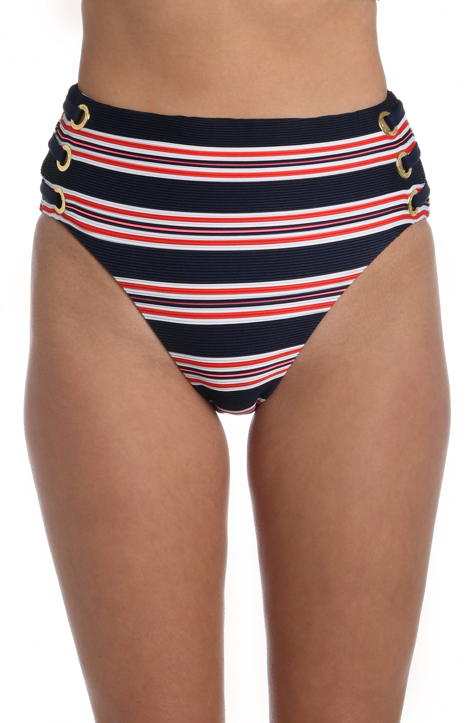 Model is wearing a red, white, and blue striped patterned high waist bottom from our Sailor Stripe collection!