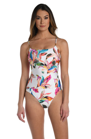 
            
                Load image into Gallery viewer, Model is wearing a multi colored tropical printed lingerie one piece from our Paradise City collection!
            
        