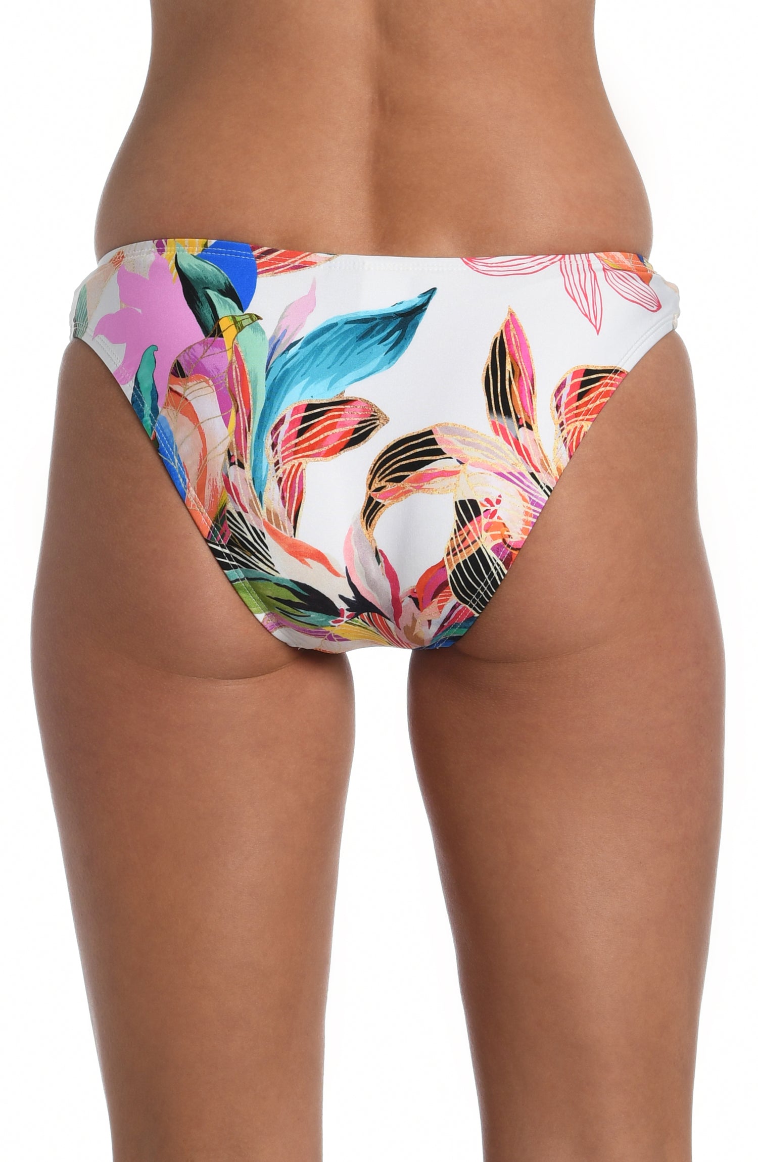 Model is wearing a multi colored tropical printed hipster bottom from our Paradise City collection!